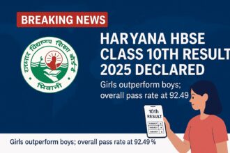 Digital graphic showing the announcement of Haryana HBSE Class 10th Result 2025 with a young girl holding her result, a "Breaking News" banner, and Haryana Board logo on a blue background.