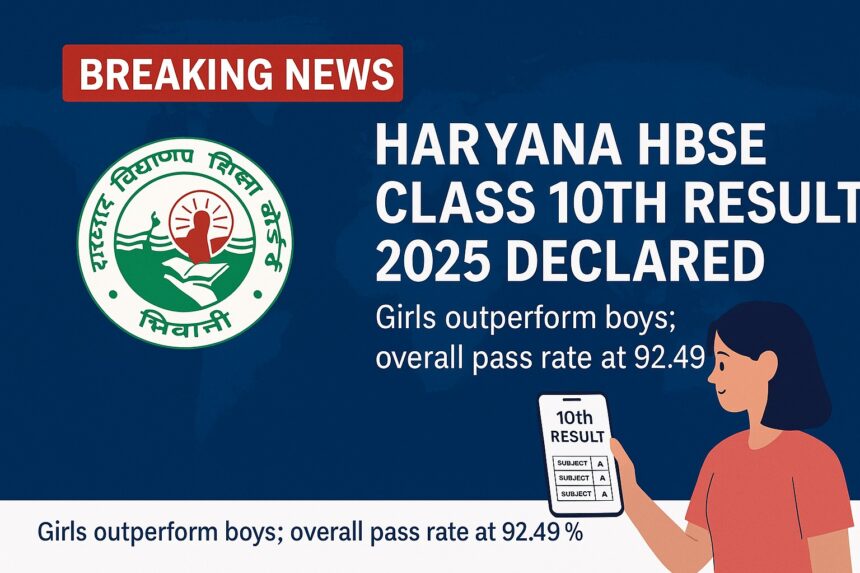 Digital graphic showing the announcement of Haryana HBSE Class 10th Result 2025 with a young girl holding her result, a "Breaking News" banner, and Haryana Board logo on a blue background.
