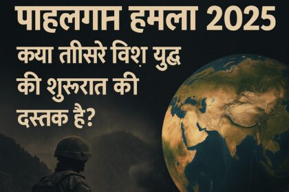 पाहलगाम हमला 2025 और विश्व युद्ध III की संभावना दर्शाते हुए एक प्रभावशाली डिजिटल ग्राफिक, जिसमें सैनिक, आग और एशिया का मानचित्र दिखाई दे रहा है।