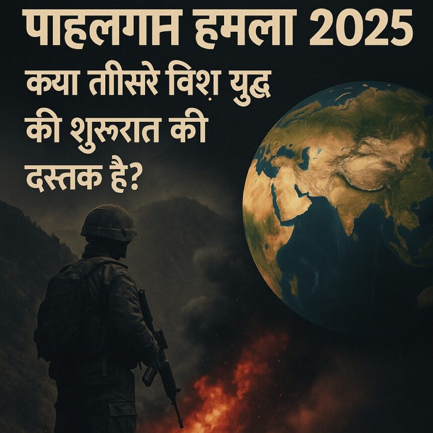 पाहलगाम हमला 2025 और विश्व युद्ध III की संभावना दर्शाते हुए एक प्रभावशाली डिजिटल ग्राफिक, जिसमें सैनिक, आग और एशिया का मानचित्र दिखाई दे रहा है।