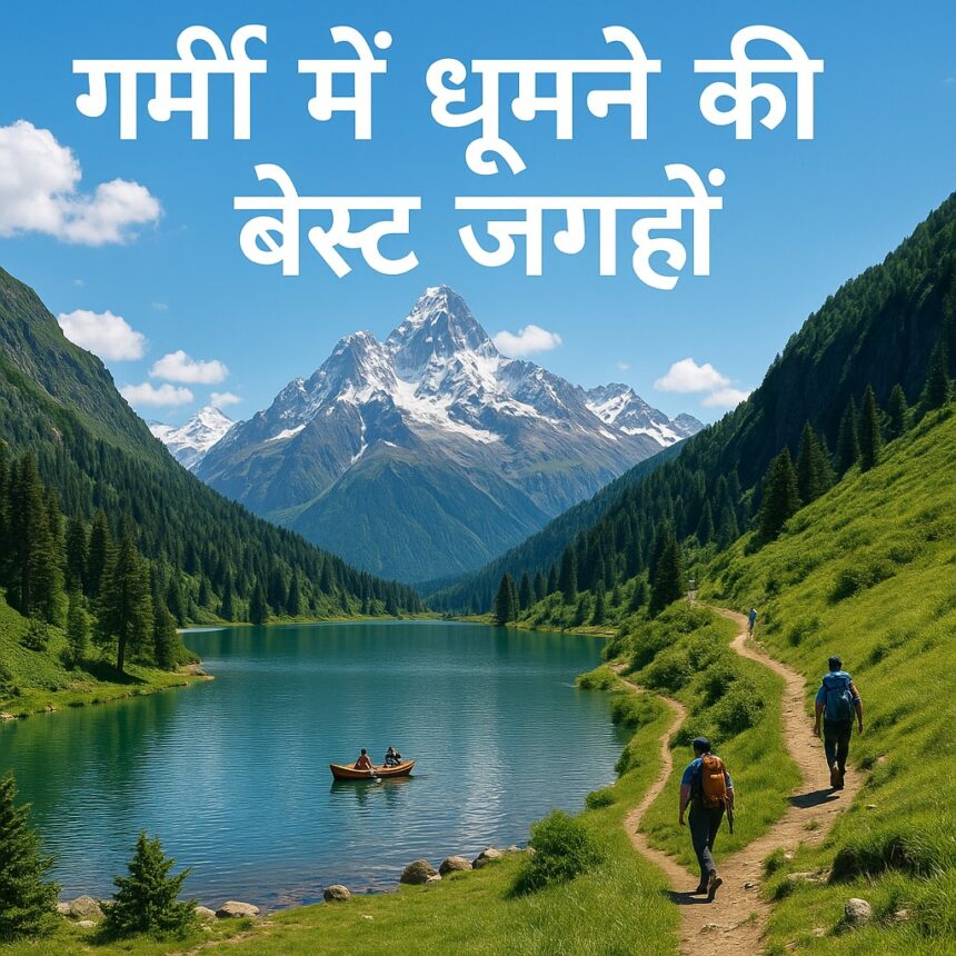 हिमालय की वादियों में झील के किनारे लोग ट्रैकिंग करते हुए और नाव की सवारी का आनंद लेते हुए – गर्मी में घूमने की आदर्श जगह की सुंदर छवि।