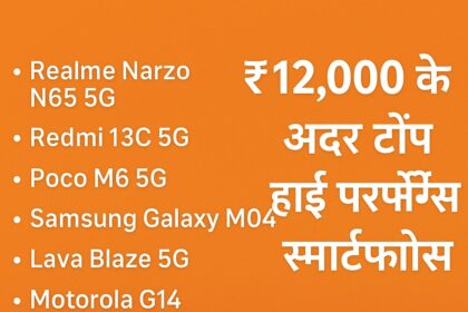 ₹12,000 के अंदर मिलने वाले हाई परफॉर्मेंस स्मार्टफोन्स की सूची एक चमकीले नारंगी बैकग्राउंड पर।