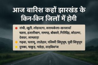 झारखंड में मानसून की बारिश के दौरान बादलों से ढका आकाश और बारिश में भीगती सड़कें