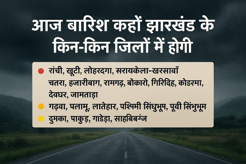 झारखंड में मानसून की बारिश के दौरान बादलों से ढका आकाश और बारिश में भीगती सड़कें