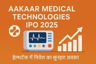 ऑरेंज बैकग्राउंड पर Aakaar Medical Technologies IPO 2025 का प्रमोशनल डिज़ाइन, जिसमें मेडिकल मॉनिटर, ग्रोथ चार्ट और हेल्थटेक में निवेश का संदेश है।