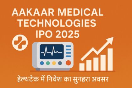 ऑरेंज बैकग्राउंड पर Aakaar Medical Technologies IPO 2025 का प्रमोशनल डिज़ाइन, जिसमें मेडिकल मॉनिटर, ग्रोथ चार्ट और हेल्थटेक में निवेश का संदेश है।