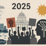 2025 में प्राकृतिक आपदा और सामाजिक उथल-पुथल को दर्शाने वाला चित्र