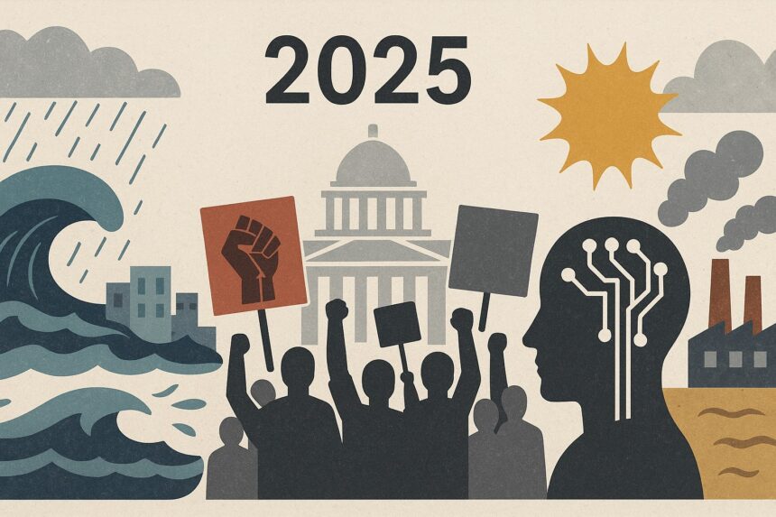 2025 में प्राकृतिक आपदा और सामाजिक उथल-पुथल को दर्शाने वाला चित्र