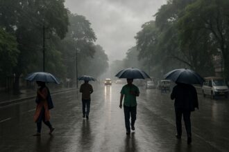 रांची में बारिश के दौरान भीगी सड़कों और छाता लिए चलते लोगों का दृश्य