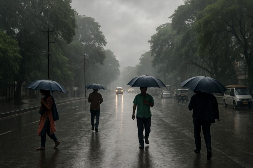 रांची में बारिश के दौरान भीगी सड़कों और छाता लिए चलते लोगों का दृश्य