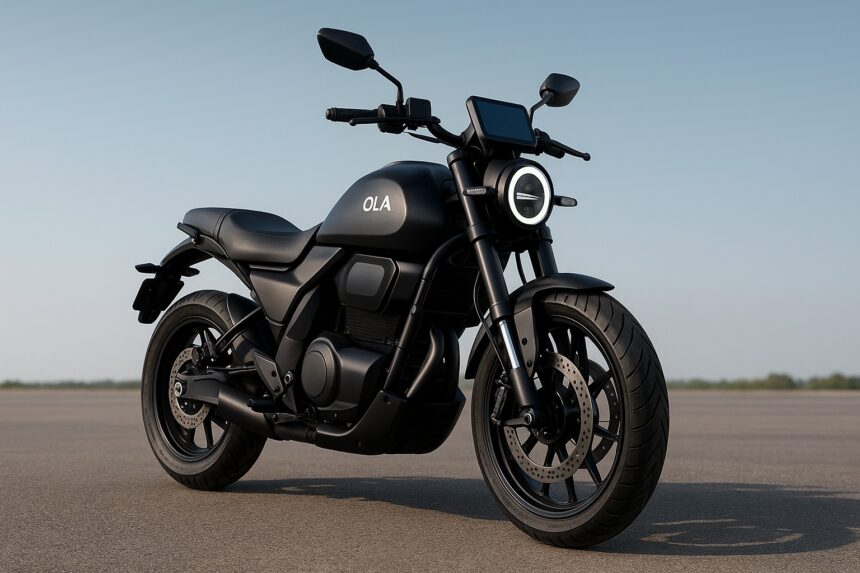 Ola Electric की नई मैट ब्लैक इलेक्ट्रिक बाइक, ओपन ग्राउंड पर खड़ी हुई
