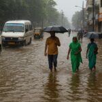 झारखंड 2025 में जलभराव से प्रभावित सड़क का दृश्य