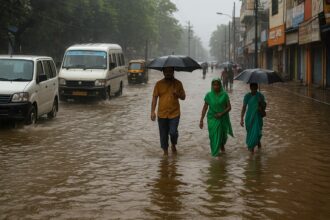 झारखंड 2025 में जलभराव से प्रभावित सड़क का दृश्य