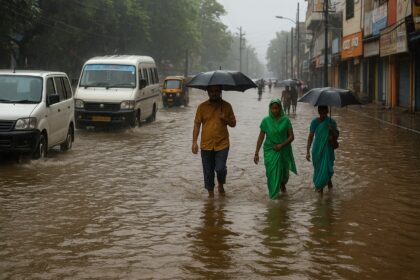 झारखंड 2025 में जलभराव से प्रभावित सड़क का दृश्य