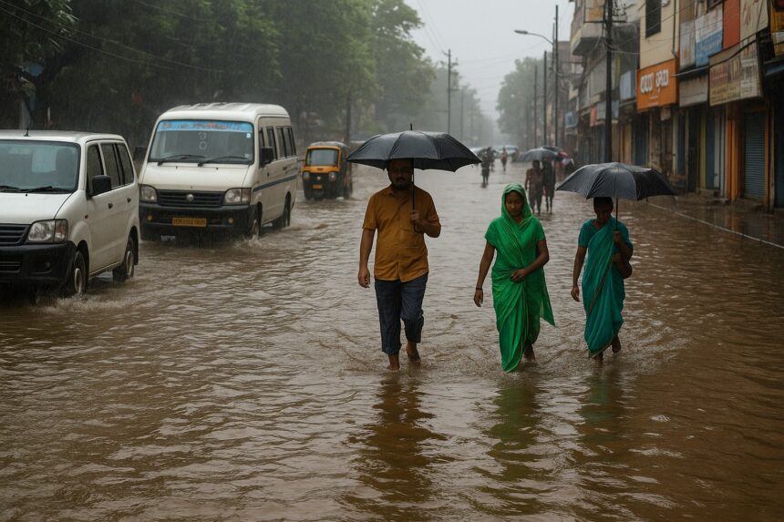 झारखंड 2025 में जलभराव से प्रभावित सड़क का दृश्य