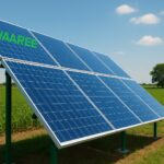 खुले खेत में लगे Waaree Energies के सोलर पैनल, नीले आकाश और हरे भरे खेतों की पृष्ठभूमि में।
