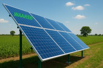 खुले खेत में लगे Waaree Energies के सोलर पैनल, नीले आकाश और हरे भरे खेतों की पृष्ठभूमि में।