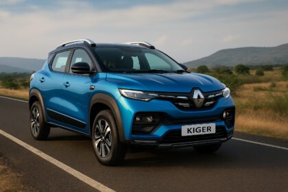 Renault Kiger parked near highway with scenic background
