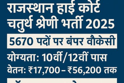 राजस्थान हाई कोर्ट चतुर्थ श्रेणी कर्मचारी भर्ती 2025 की जानकारी देते हुए एक ग्राफिक जिसमें पदों की संख्या, योग्यता और आवेदन विवरण शामिल हैं।