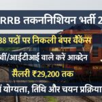 भारतीय रेलवे की तकनीशियन भर्ती 2025 का प्रचार करते हुए एक डीज़ल इंजन और ट्रेन की तस्वीर, जिस पर भर्ती विवरण लिखा हुआ है।