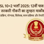 SSC CHSL 10+2 भर्ती 2025 का हिंदी में डिजिटल सूचना बैनर, जिसमें आवेदन प्रक्रिया, योग्यता, सिलेबस, चयन प्रक्रिया और तैयारी रणनीति की जानकारी दी गई है।