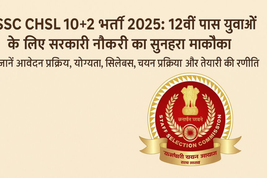 SSC CHSL 10+2 भर्ती 2025 का हिंदी में डिजिटल सूचना बैनर, जिसमें आवेदन प्रक्रिया, योग्यता, सिलेबस, चयन प्रक्रिया और तैयारी रणनीति की जानकारी दी गई है।
